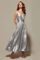 Load image into Gallery viewer, Sparkly Gold A-Line Metallic V-Neck Pleated Long Formal Dress
