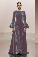 Load image into Gallery viewer, Dark Green Velvet A Line Round Neck Long Sleeves Formal Dress