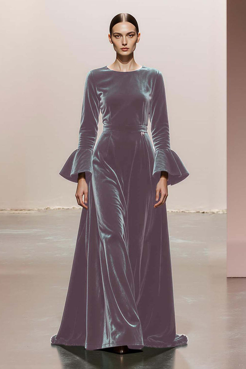 Load image into Gallery viewer, Dark Green Velvet A Line Round Neck Long Sleeves Formal Dress
