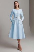 Load image into Gallery viewer, Queendancer Women Ivory Tweed Midi Homecoming Outfits with Belts A Line Long Sleeves Boat Neck Pageant Interview Dress with Pockets