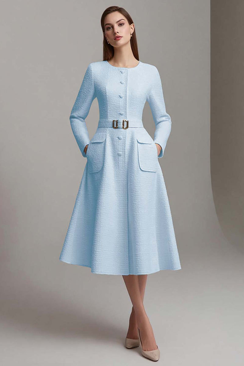 Load image into Gallery viewer, Queendancer Women Ivory Tweed Midi Homecoming Outfits with Belts A Line Long Sleeves Boat Neck Pageant Interview Dress with Pockets