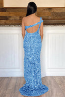 Load image into Gallery viewer, Sheath One Shoulder Fuchsia Sequins Long Prom Dress
