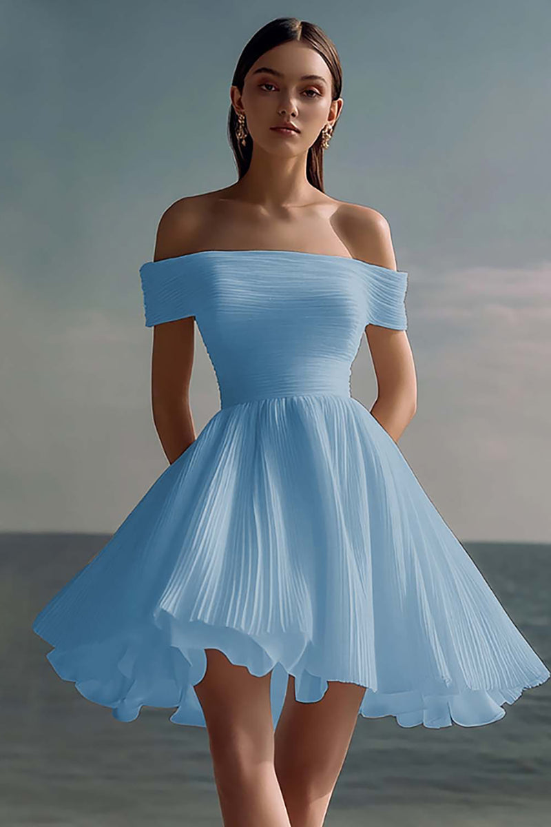 Load image into Gallery viewer, Dusty Sage Off the Shoulder Chiffon Mini Graduation Dress