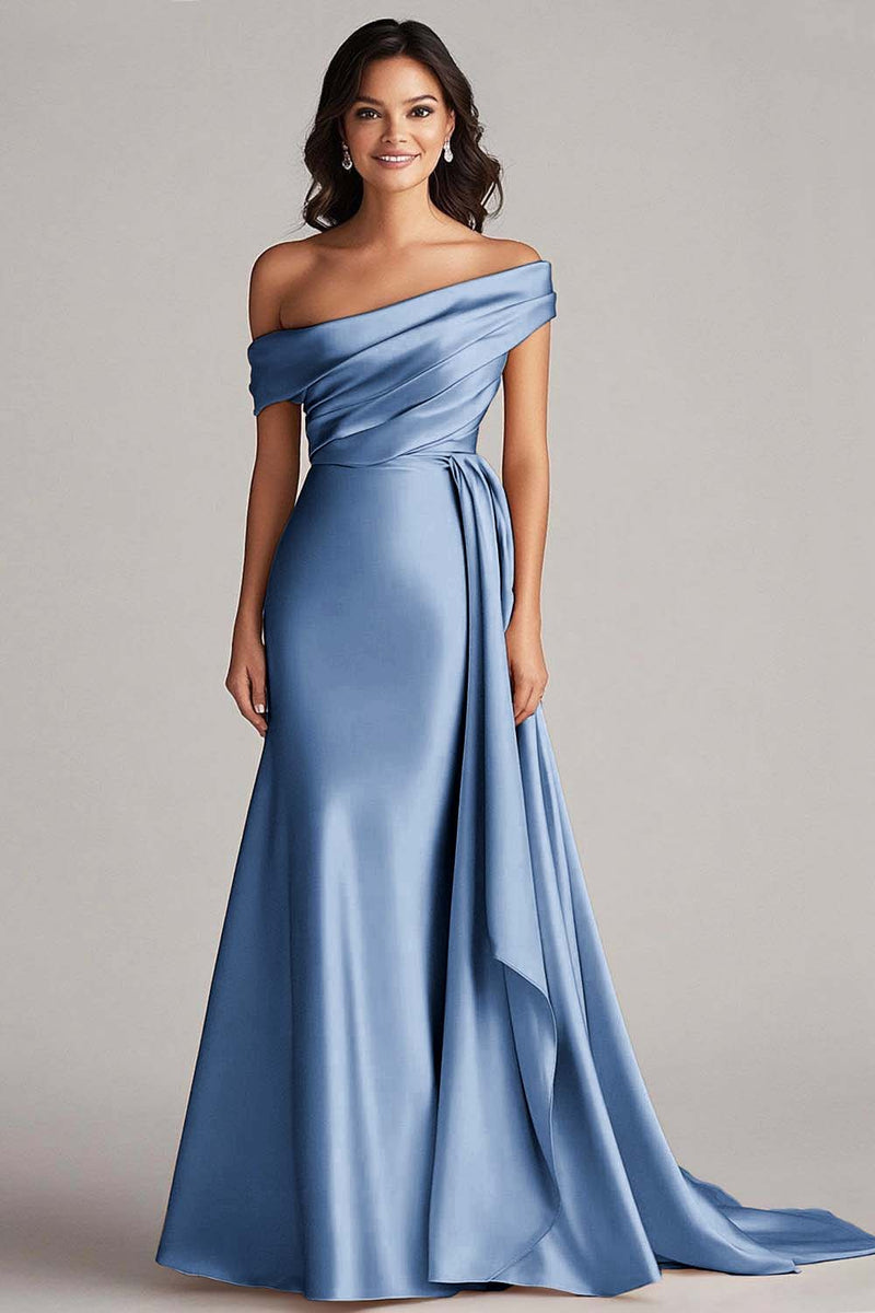 Load image into Gallery viewer, Elegant Off the Shoulder Eucalyptus Long Formal Dress with Side Cape
