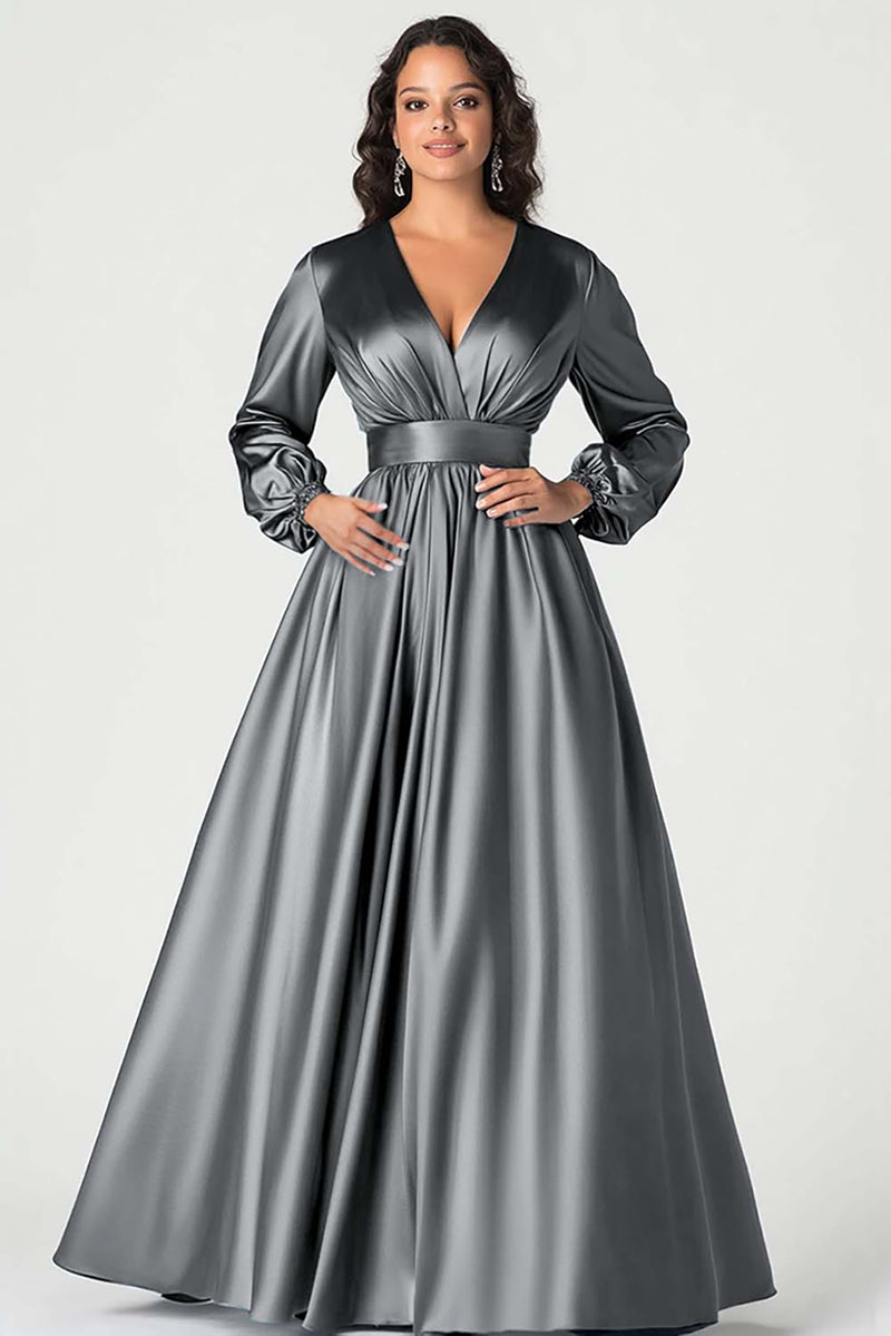 Load image into Gallery viewer, Queendancer Women Plum Satin Long Sleeves Mother of the Bride Dress Ball Gown A Line V-Neck Pleated Wedding Guest Dress
