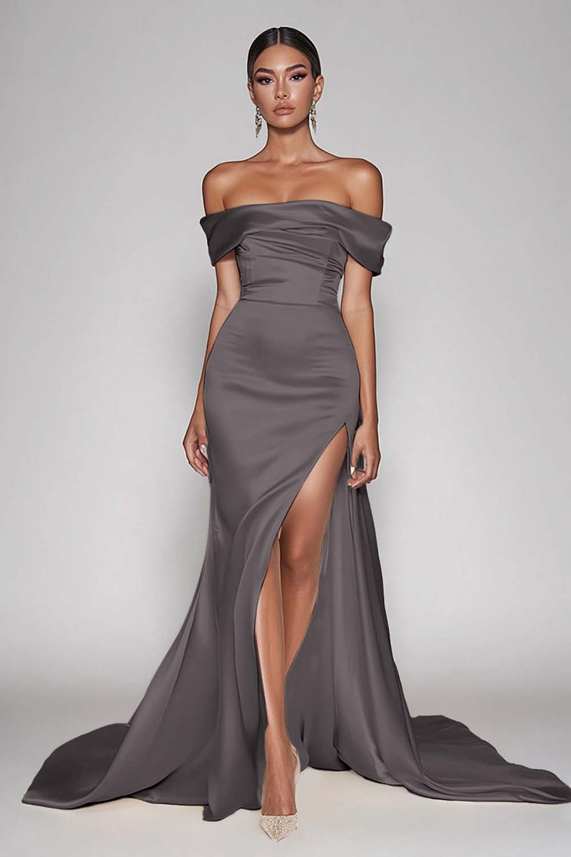 Load image into Gallery viewer, Dark Green Satin Off the Shoulder Sheath Long Prom Dress with Slit