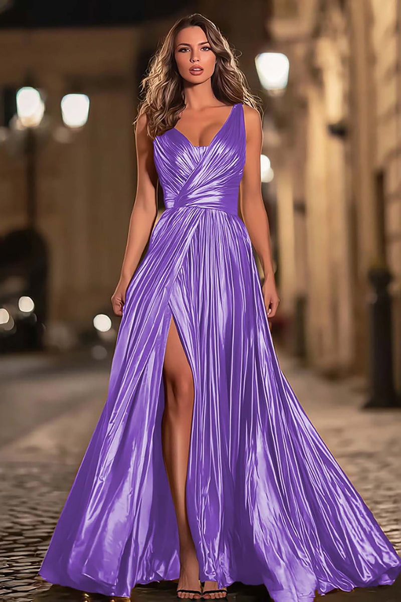 Load image into Gallery viewer, Sparkly Gold V-Neck Metallic A-Line Pleated Long Formal Dress with Slit