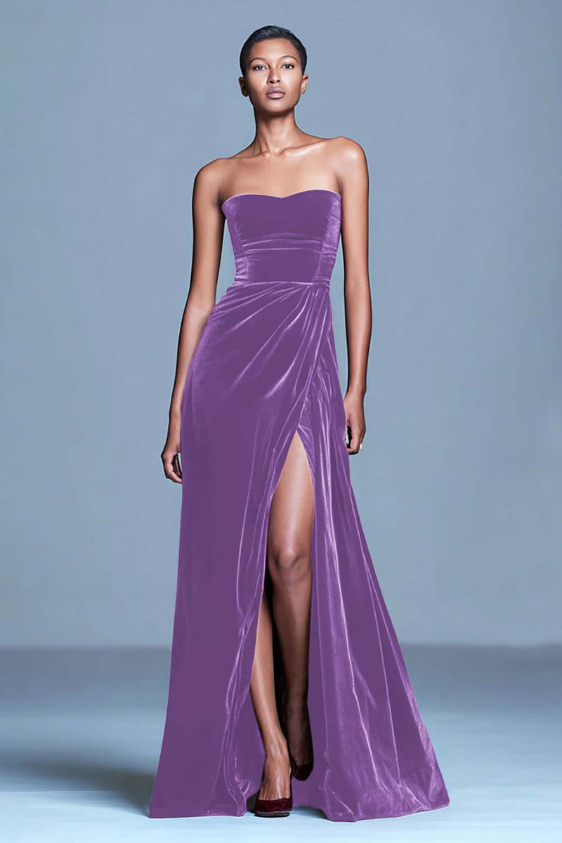 Load image into Gallery viewer, Burgundy Strapless Velvet Long Holiday Party Dress with Slit