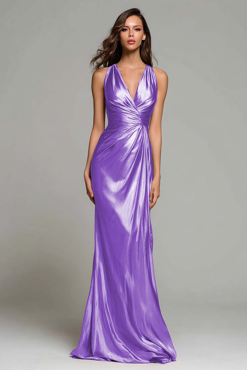 Load image into Gallery viewer, Sparkly Gold Metallic V-Neck Mermaid Ruched Long Formal Dress