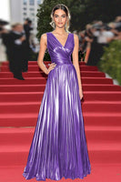 Load image into Gallery viewer, Gold V-Neck A Line Metallic Pleated Long Formal Dress