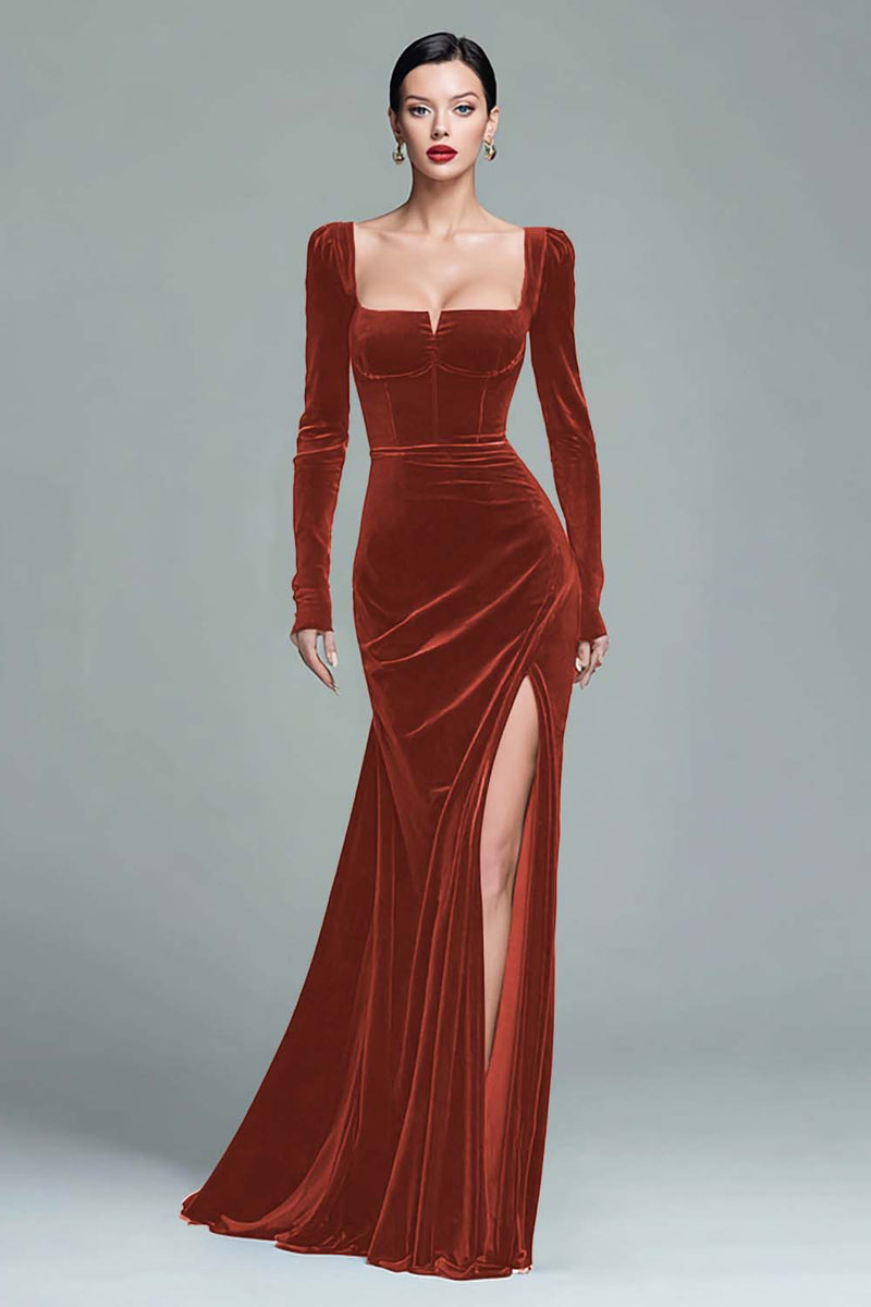 Load image into Gallery viewer, Dark Green Velvet Ruched Square Neck Long Holiday Party Dress with Slit