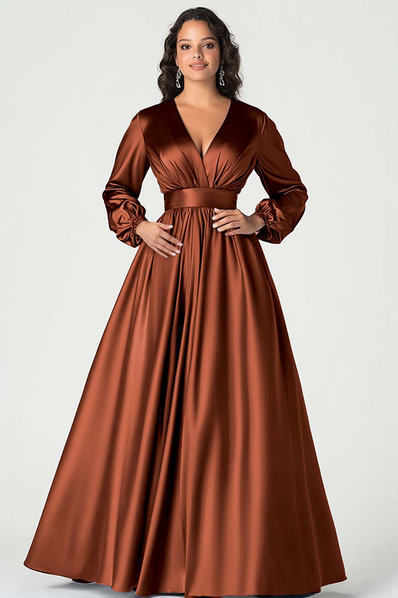 Load image into Gallery viewer, Queendancer Women Plum Satin Long Sleeves Mother of the Bride Dress Ball Gown A Line V-Neck Pleated Wedding Guest Dress