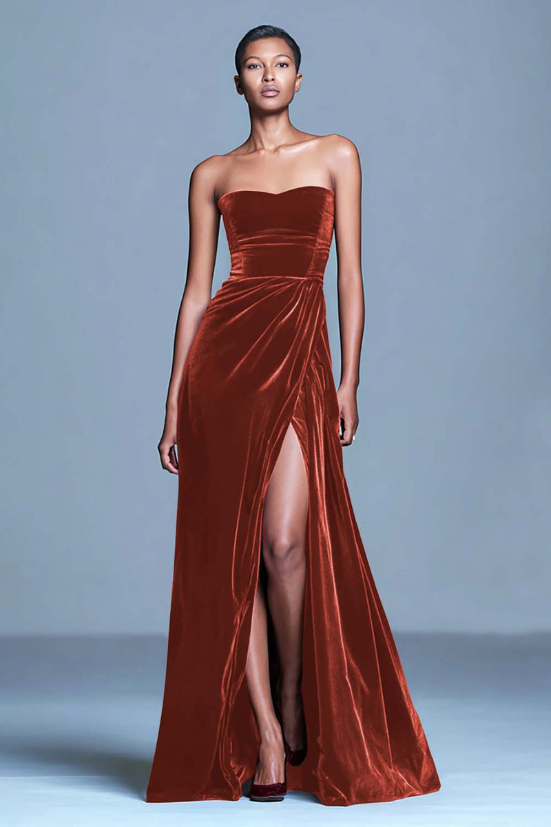 Load image into Gallery viewer, Burgundy Strapless Velvet Long Holiday Party Dress with Slit