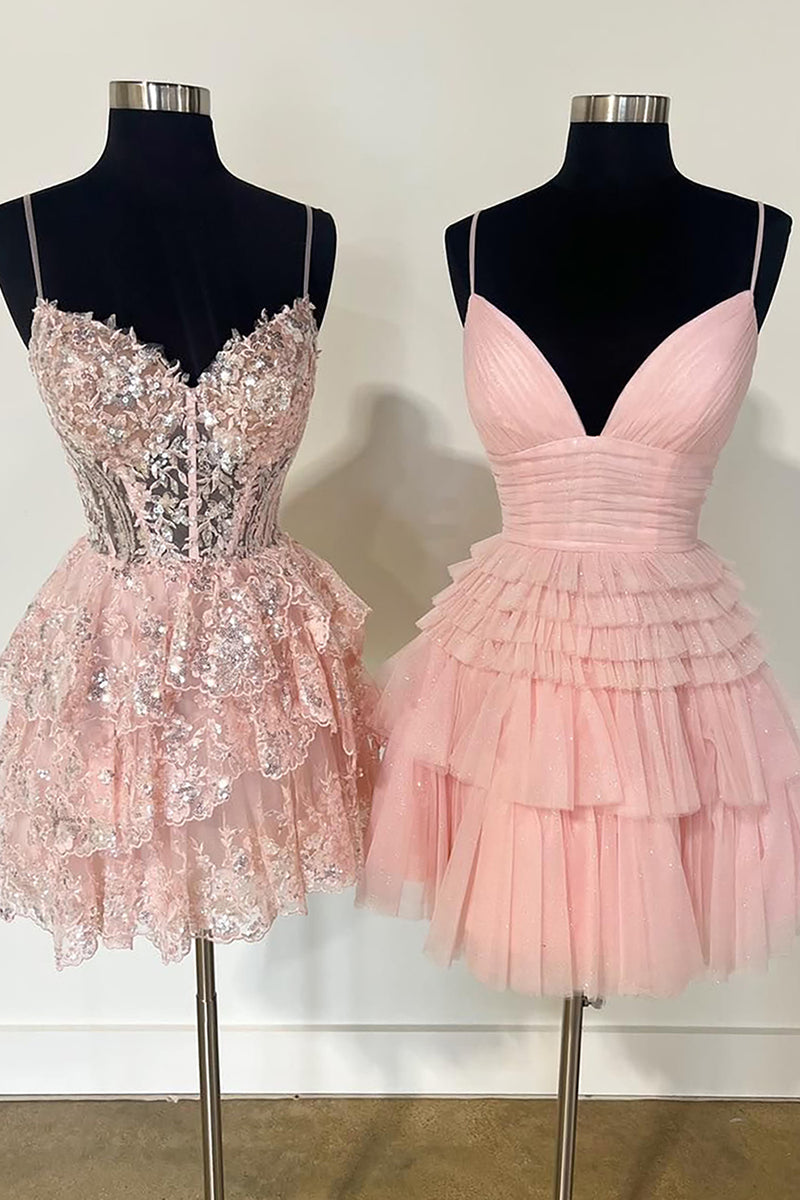 Load image into Gallery viewer, Black A-Line Spaghetti Straps Tulle Tiered Short Homecoming Dress