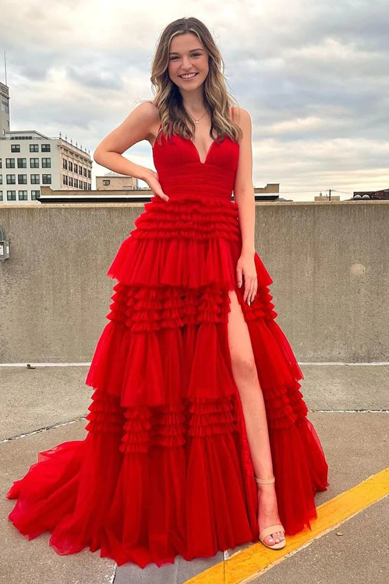 Queendancer Women Pink V Neck Tulle Tiered Ruffle A-Line Cake Puffy Cute Long Prom Dress queendancer Queendancer Women Pink V Neck Tulle Tiered Ruffle A-Line Cake Puffy Cute Long Prom Dress queendancer