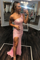 Load image into Gallery viewer, Red One Shoulder Sequins Mermaid Prom Dress with Slit