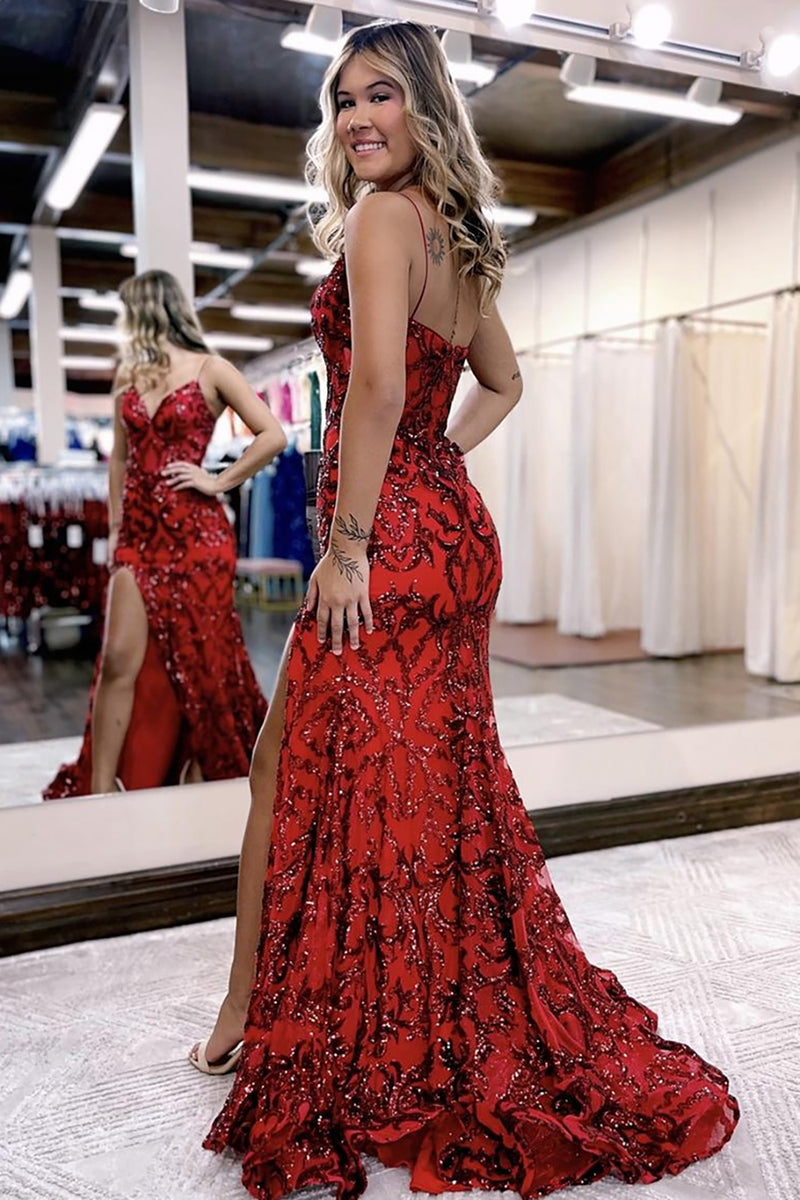 Queendancer Women Red Sparkly Corset Prom Dress with Slit Sheath