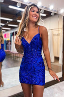 Load image into Gallery viewer, Sparkly Royal Blue Spaghetti Straps Tight Short Homecoming Dress with Sequins