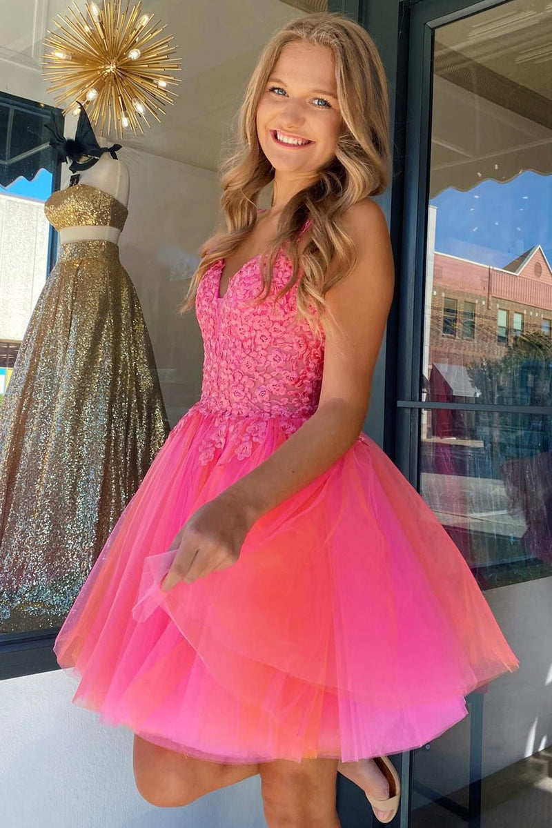 Queendancer Women Hot Pink Homecoming Dress with Lace A-Line Spaghetti