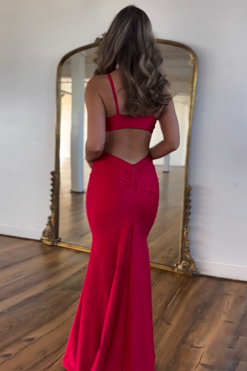 Sexy Red Sheath Spaghetti Straps Elastic Satin Prom Dress with Split LBQ0068 main image 0