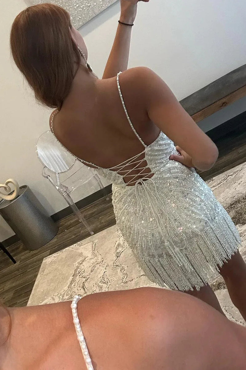 Load image into Gallery viewer, Sparkly White Bodycon Beaded Short Homecoming Dress with Fringes