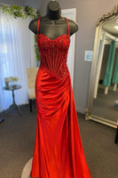 Load image into Gallery viewer, Spaghetti Straps Mermaid Silver Corset Ruched Prom Dress With Slit