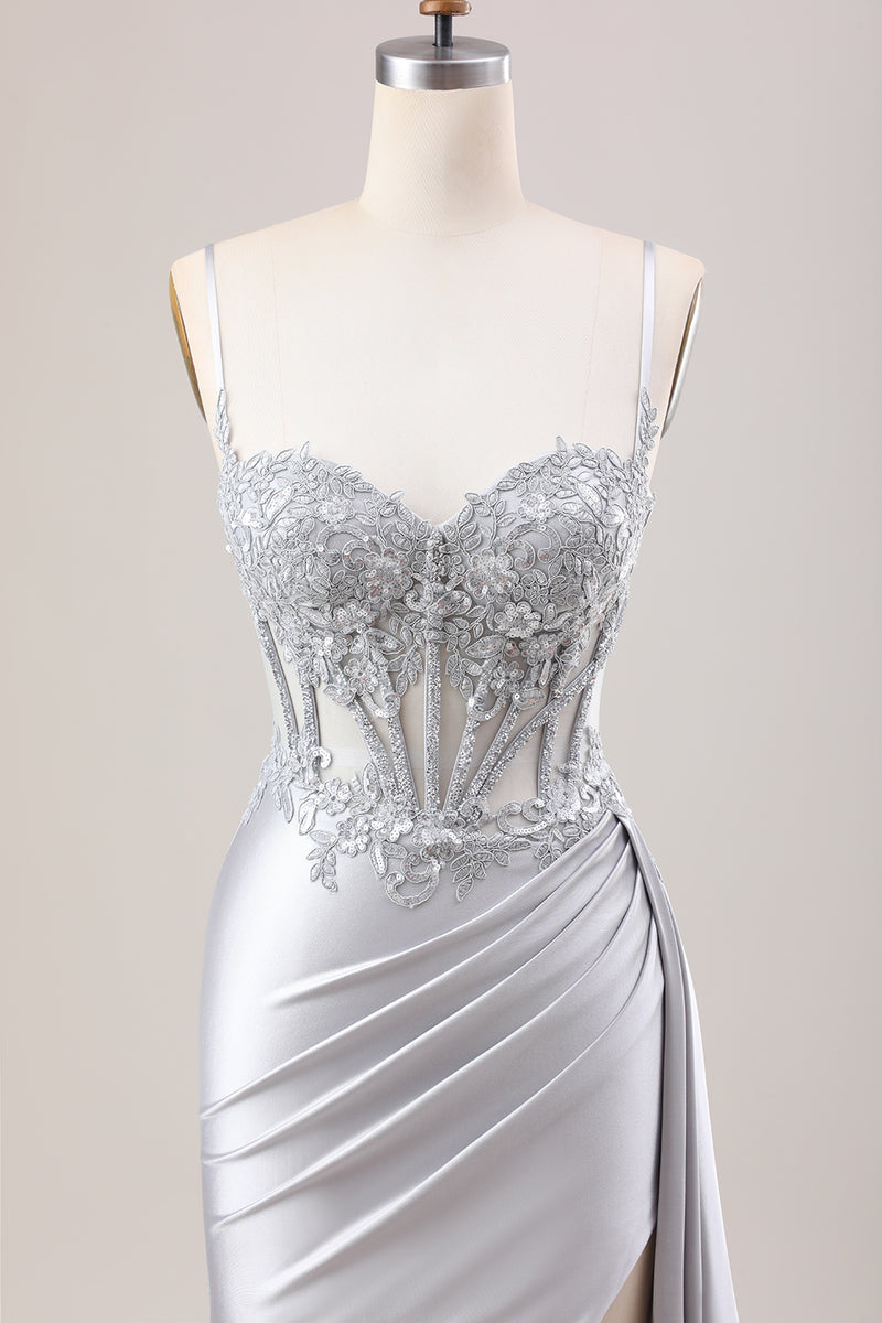 Load image into Gallery viewer, Mermaid Silver Spaghetti Straps Corset Ruched Prom Dress With Slit