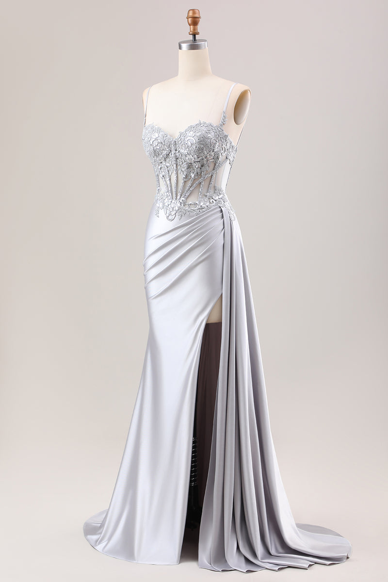 Load image into Gallery viewer, Mermaid Silver Spaghetti Straps Corset Ruched Prom Dress With Slit