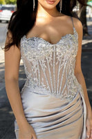 Load image into Gallery viewer, Spaghetti Straps Mermaid Silver Corset Ruched Prom Dress With Slit