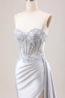 Load image into Gallery viewer, Mermaid Silver Spaghetti Straps Corset Ruched Prom Dress With Slit