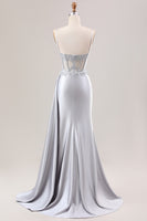 Load image into Gallery viewer, Mermaid Silver Spaghetti Straps Corset Ruched Prom Dress With Slit