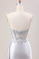 Load image into Gallery viewer, Mermaid Silver Spaghetti Straps Corset Ruched Prom Dress With Slit
