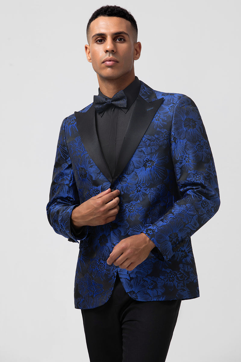 Royal Blue One Button Dinner Prom Suit for Men with Jacquard Peaked Lapel