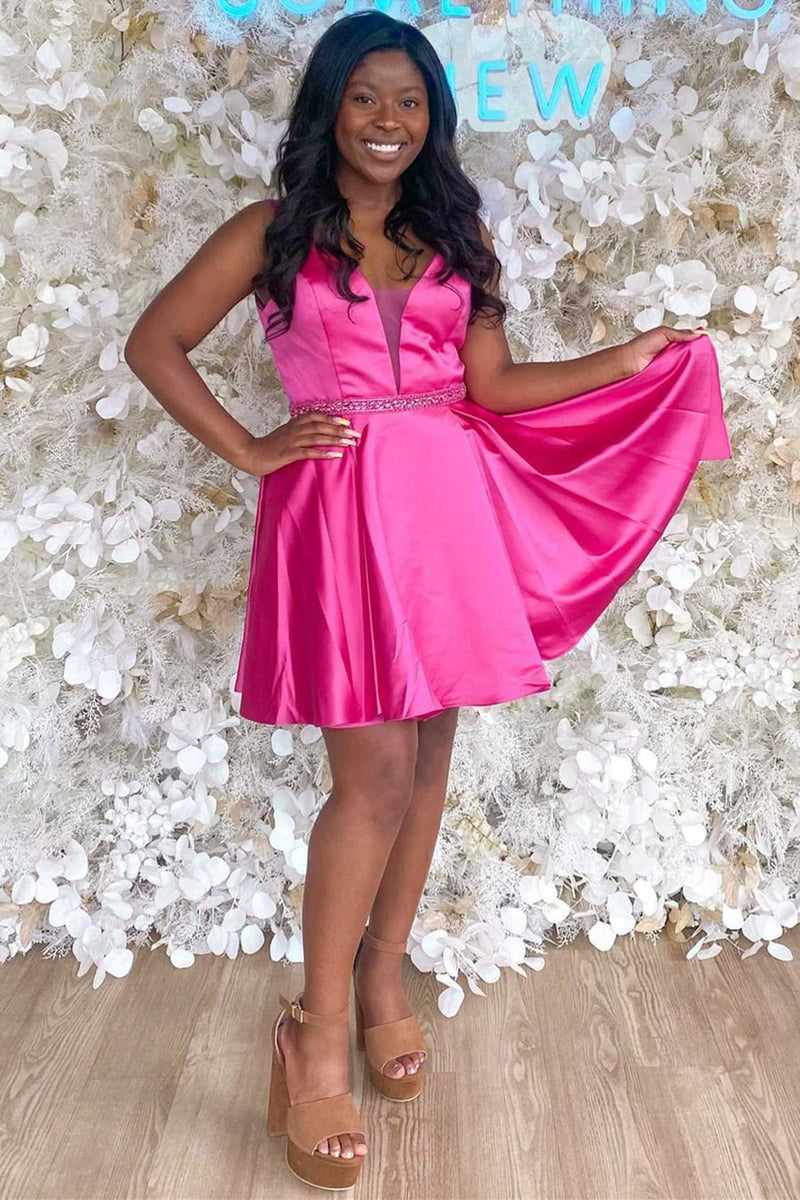 Load image into Gallery viewer, A-Line Neon Pink Plunge V Belted Short Homecoming Dress