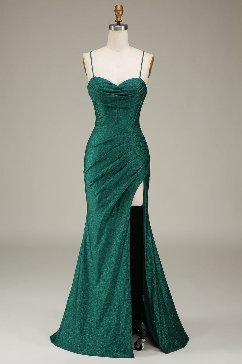 light green sequin dress Queendancer Women Dark Green Prom Dress with Corset Satin Spaghetti Straps  Evening Party Dress with Slit – queendancer