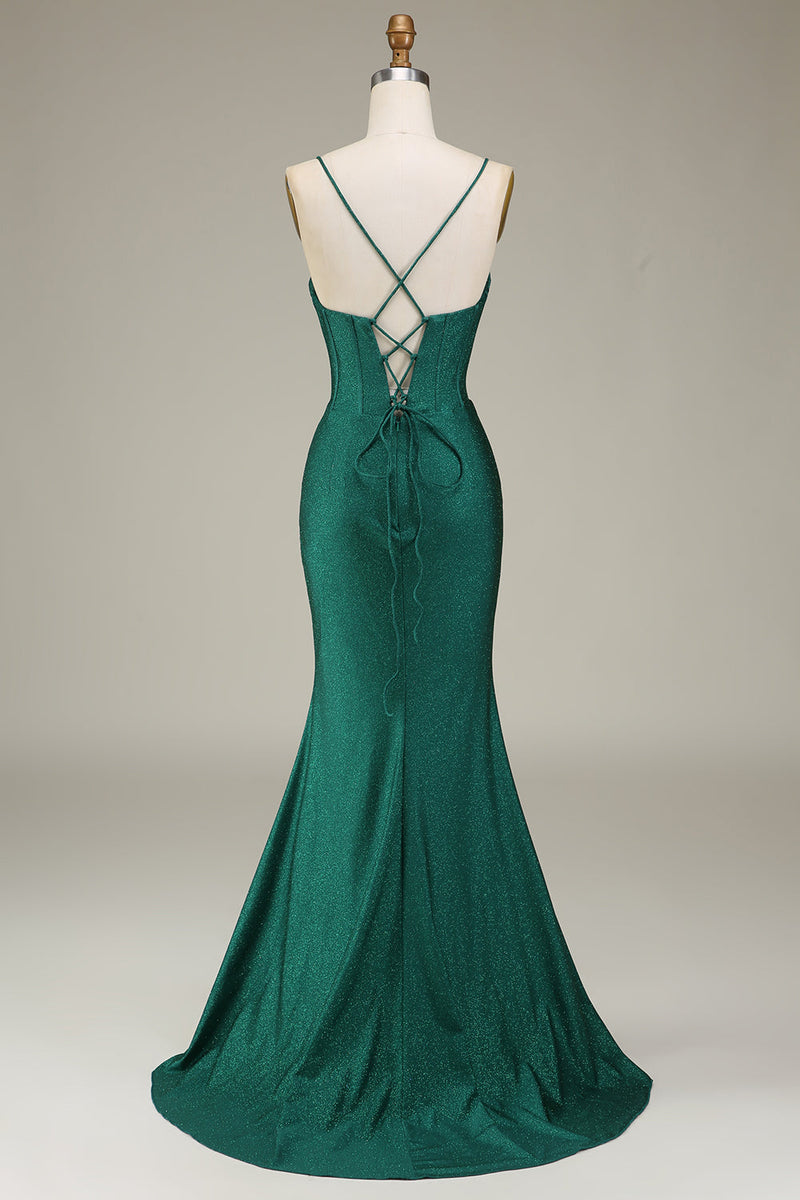 Queendancer Women Dark Green Prom Dress with Corset Satin Spaghetti Straps Evening Party Dress with Slit queendancer Queendancer Women Dark Green Prom Dress with Corset Satin Spaghetti Straps Evening Party Dress with Slit queendancer