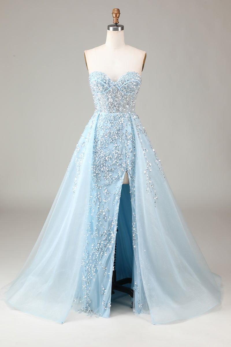 Load image into Gallery viewer, Light Blue Beaded Long Prom Dress With Slit