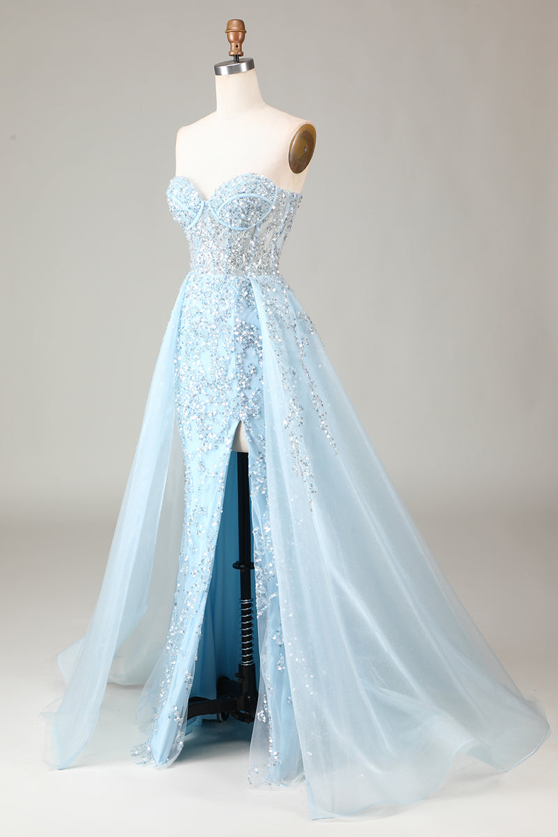 Load image into Gallery viewer, Light Blue Beaded Long Prom Dress With Slit