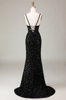 Load image into Gallery viewer, Black Corset Long Mirror Prom Dress With Slit