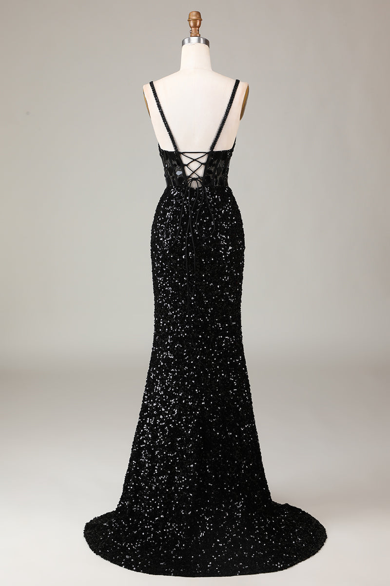 Queendancer Women Black Long Mirror Prom Dress Corset Formal Dress With  Slit – queendancer