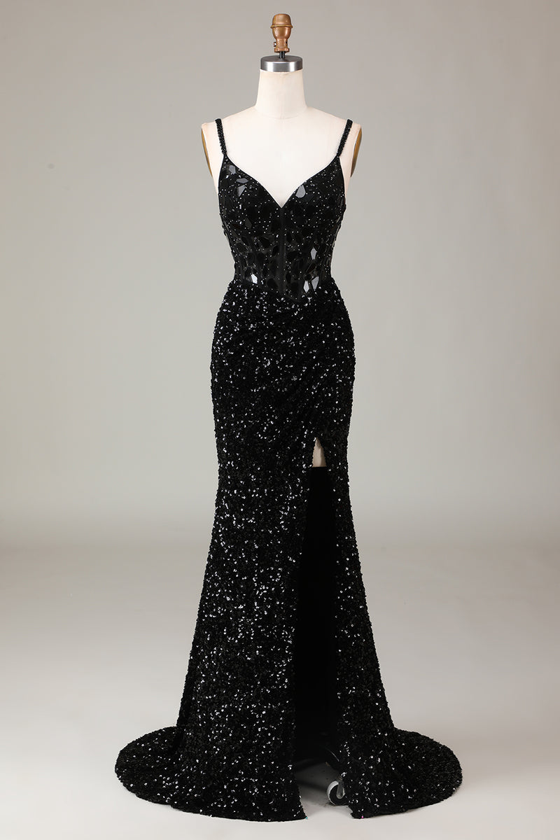 Queendancer Women Black Long Mirror Prom Dress Corset Formal Dress With Slit queendancer Queendancer Women Black Long Mirror Prom Dress Corset Formal Dress With Slit queendancer