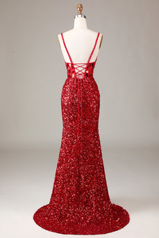 Red Corset Long Mirror Prom Dress With Slit
