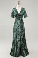 Load image into Gallery viewer, Floral Blue A-Line Velvet V-Neck Long Bridesmaid Dress with Sleeves