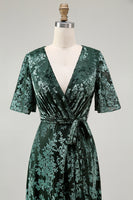 Load image into Gallery viewer, Floral Blue A-Line Velvet V-Neck Long Bridesmaid Dress with Sleeves