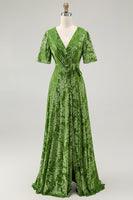 Load image into Gallery viewer, Floral Blue A-Line Velvet V-Neck Long Bridesmaid Dress with Sleeves