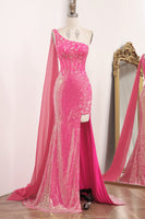 Load image into Gallery viewer, Glitter Fuchsia Mermaid One Shoulder Long Corset Prom Dress With Slit