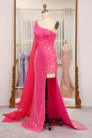 Load image into Gallery viewer, Sparkly Fuchsia Mermaid One Shoulder Long Corset Prom Dress With Slit