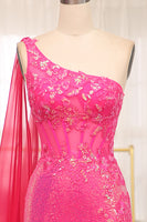 Load image into Gallery viewer, Sparkly Fuchsia Mermaid One Shoulder Long Corset Prom Dress With Slit