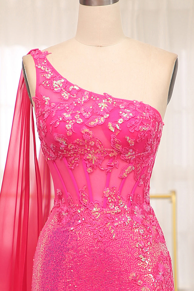 Load image into Gallery viewer, Sparkly Fuchsia Mermaid One Shoulder Long Corset Prom Dress With Slit