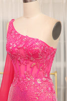 Load image into Gallery viewer, Sparkly Fuchsia Mermaid One Shoulder Long Corset Prom Dress With Slit